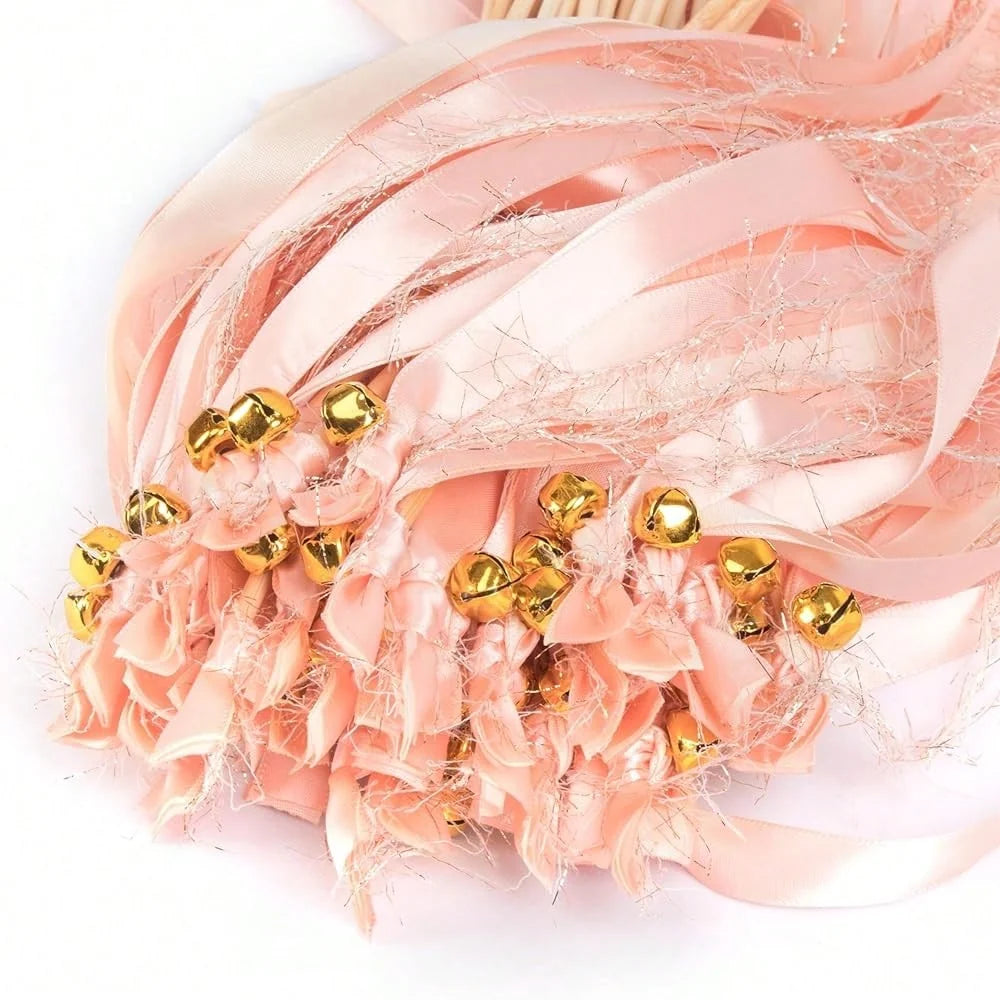 Handmade Boho Blush Pink Ribbon Wands with Shimmer Accents and Gold Bells