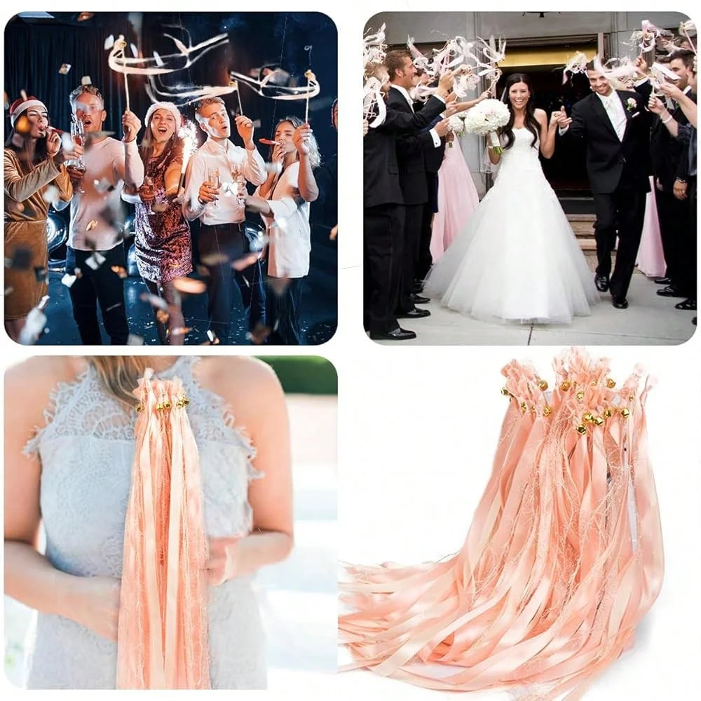 Handmade Boho Blush Pink Ribbon Wands with Shimmer Accents and Gold Bells