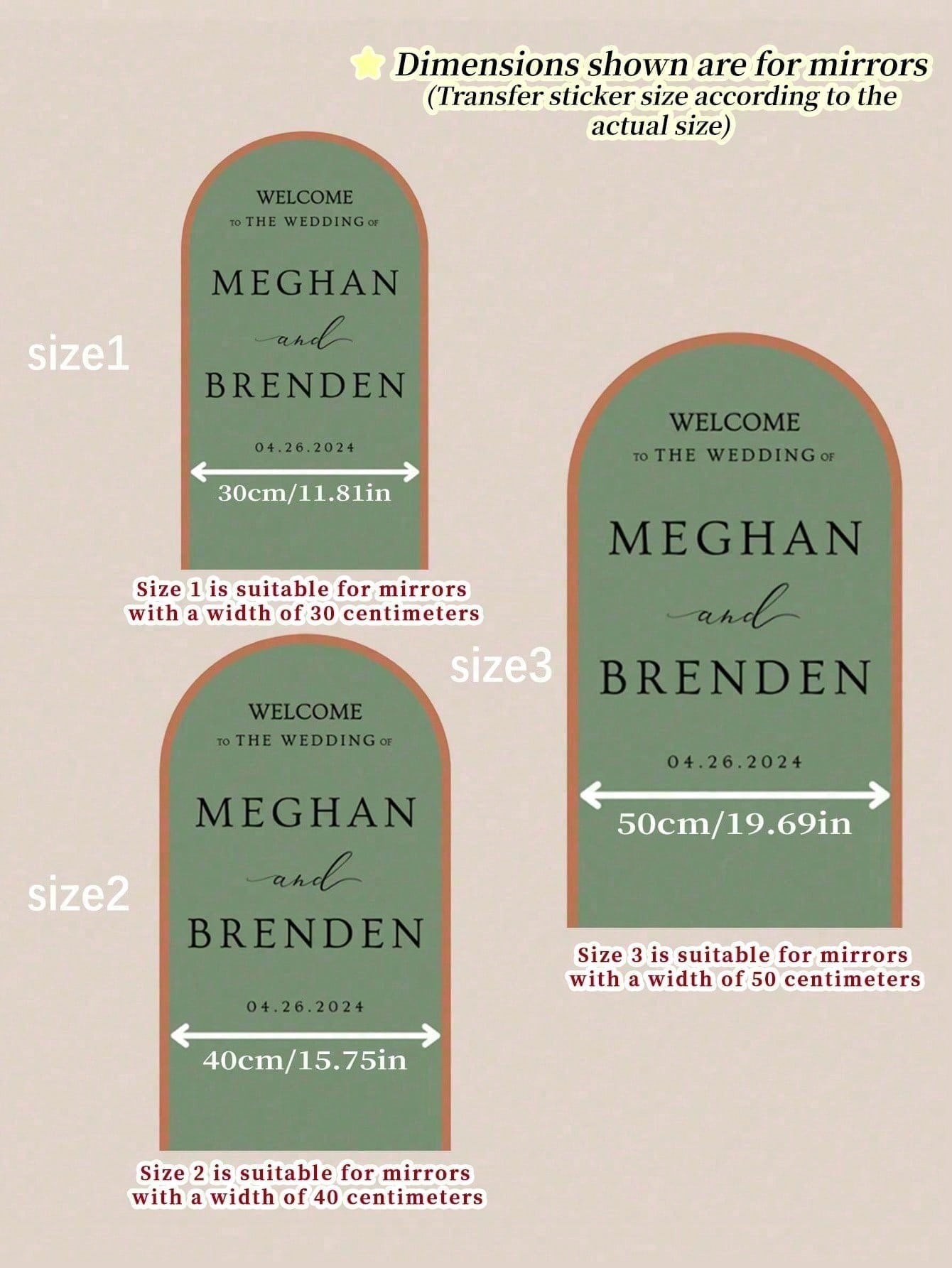 Three sizes of wedding welcome signs with dimensions on a beige background