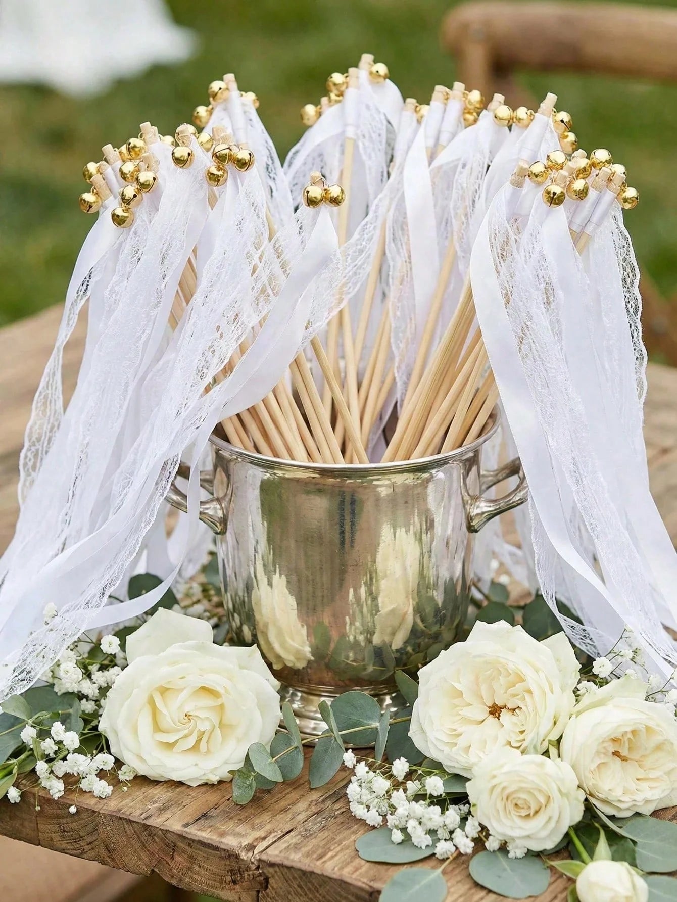 Handmade Vintage White Lace Wedding Ribbon Wands with Gold Bells