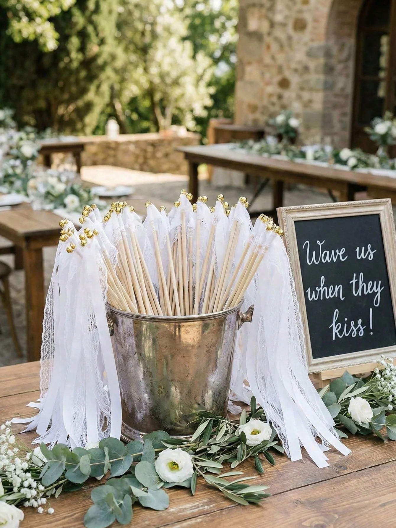 Handmade Vintage White Lace Wedding Ribbon Wands with Gold Bells