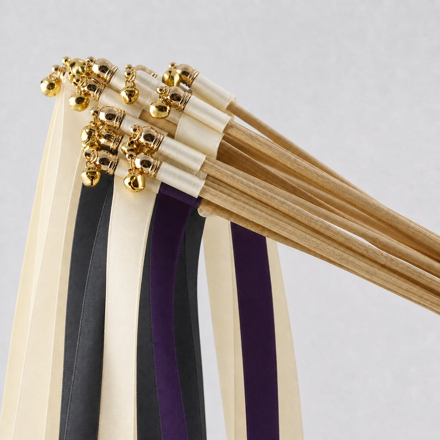 Handmade Moody Candlelight Wedding Ribbon Wands - Ivory, Charcoal and Plum with Bell