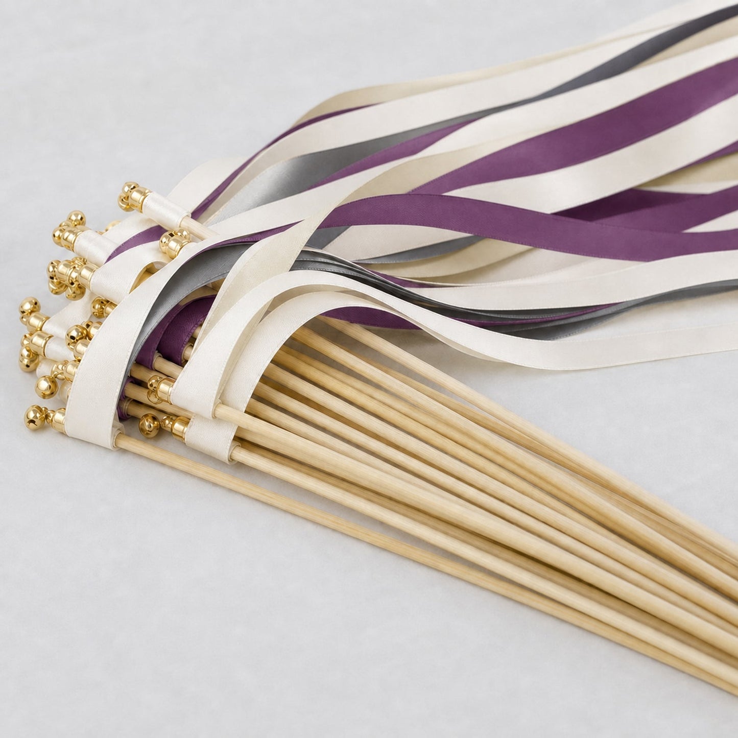 Handmade Moody Candlelight Wedding Ribbon Wands - Ivory, Charcoal and Plum with Bell
