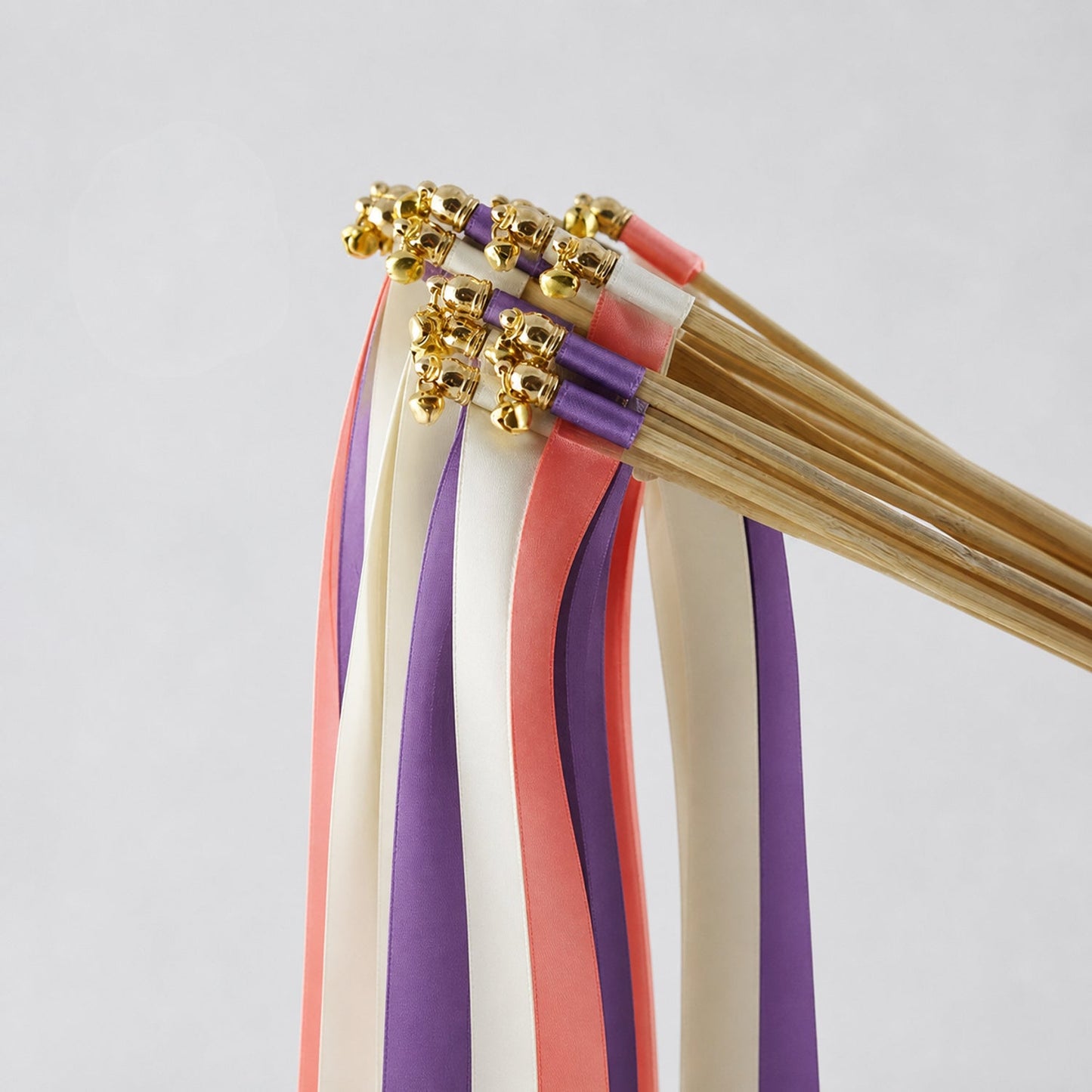 Handmade Off White, Grape and Coral Pink Wedding Exit Ribbon Wands with Bell - Vibrant Vineyard