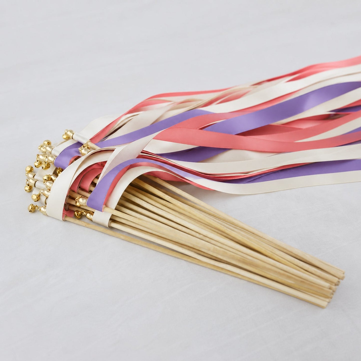 Handmade Off White, Grape and Coral Pink Wedding Exit Ribbon Wands with Bell - Vibrant Vineyard