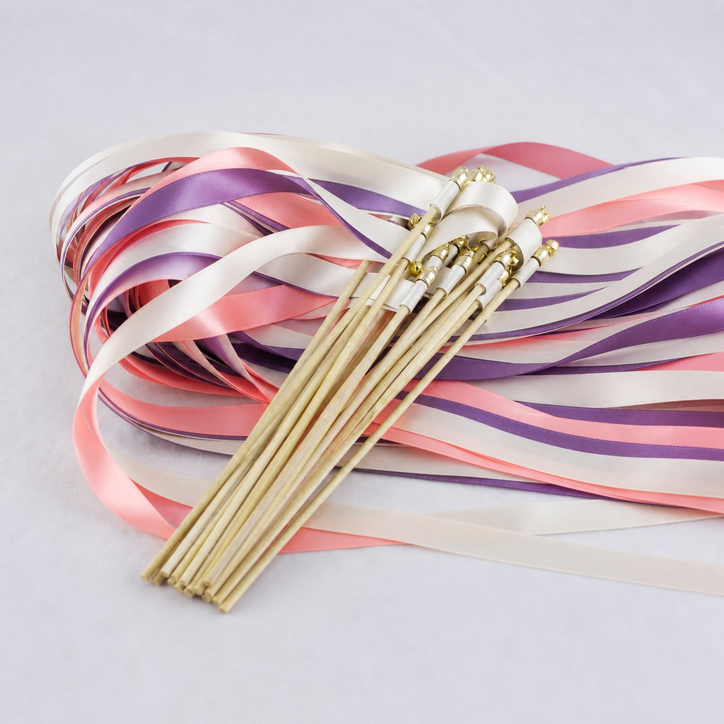 Handmade Off White, Grape and Coral Pink Wedding Exit Ribbon Wands with Bell - Vibrant Vineyard