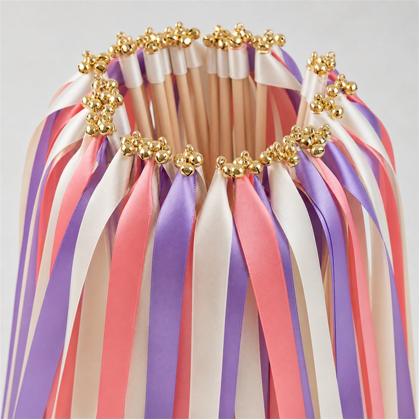 Handmade Off White, Grape and Coral Pink Wedding Exit Ribbon Wands with Bell - Vibrant Vineyard