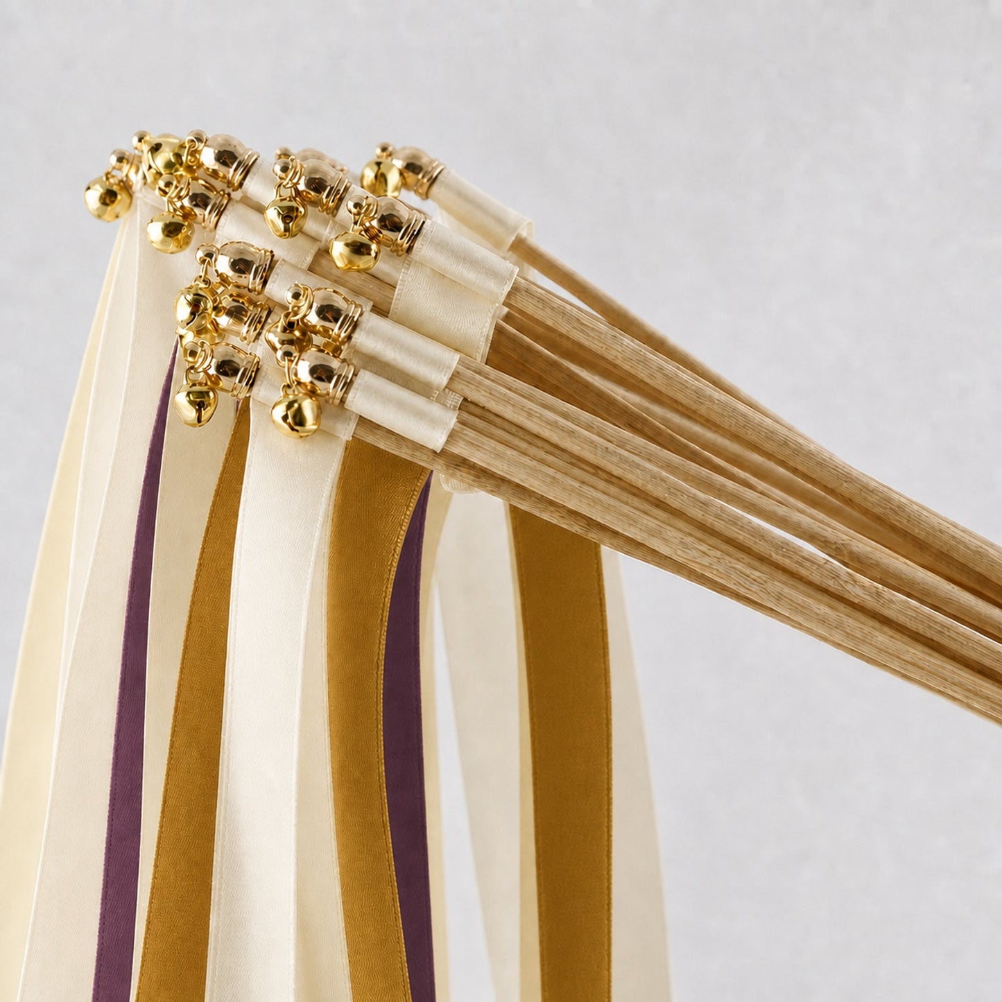 Handmade Gilded Plum Wedding Ribbon Wands with Bell - Off White, Plum and Old Gold