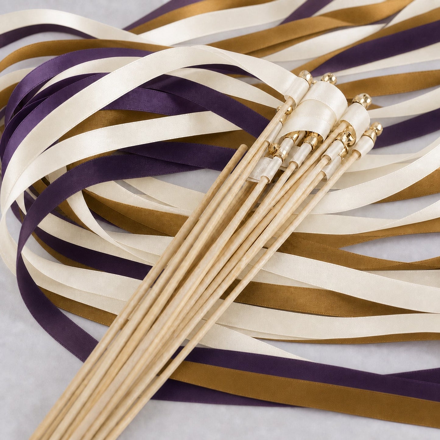 Handmade Gilded Plum Wedding Ribbon Wands with Bell - Off White, Plum and Old Gold