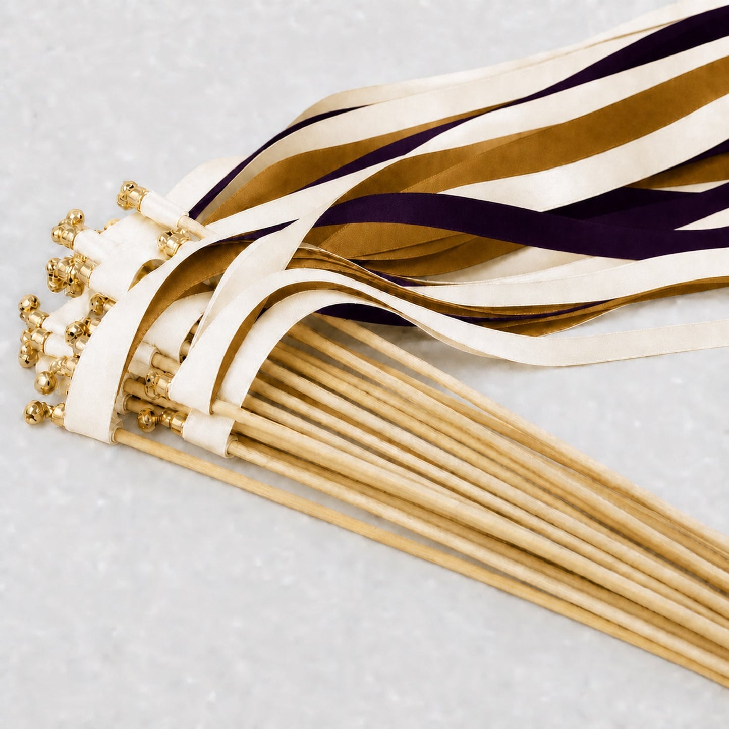 Handmade Gilded Plum Wedding Ribbon Wands with Bell - Off White, Plum and Old Gold