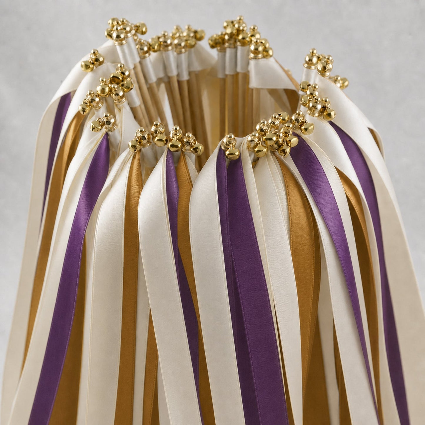 Handmade Gilded Plum Wedding Ribbon Wands with Bell - Off White, Plum and Old Gold