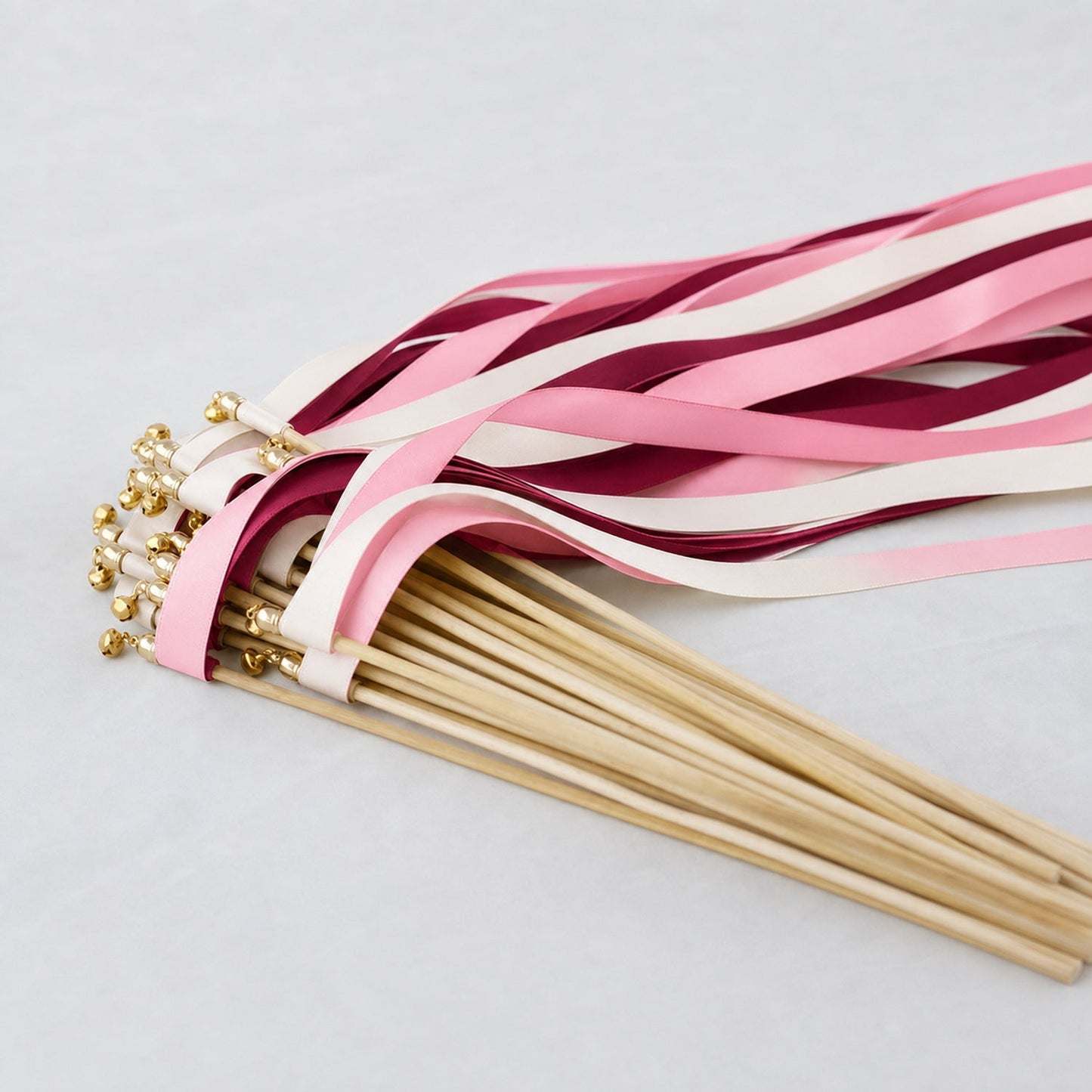 Handmade Off White, Wine and Light Pink Wedding Ribbon Wands with Bell - Wine and Blush