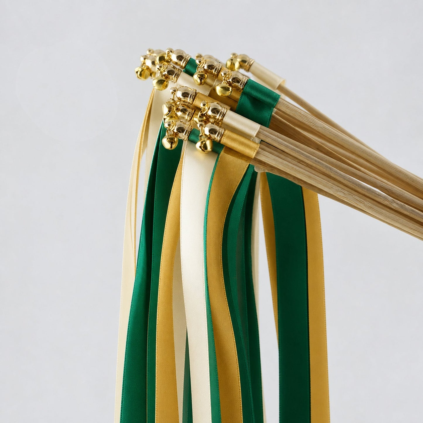 Handmade Emerald Gold Wedding Ribbon Wands - Ivory, Emerald and Old Gold Triple Ribbon with Bell