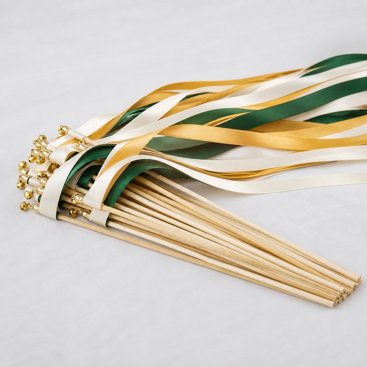 Handmade Emerald Gold Wedding Ribbon Wands - Ivory, Emerald and Old Gold Triple Ribbon with Bell