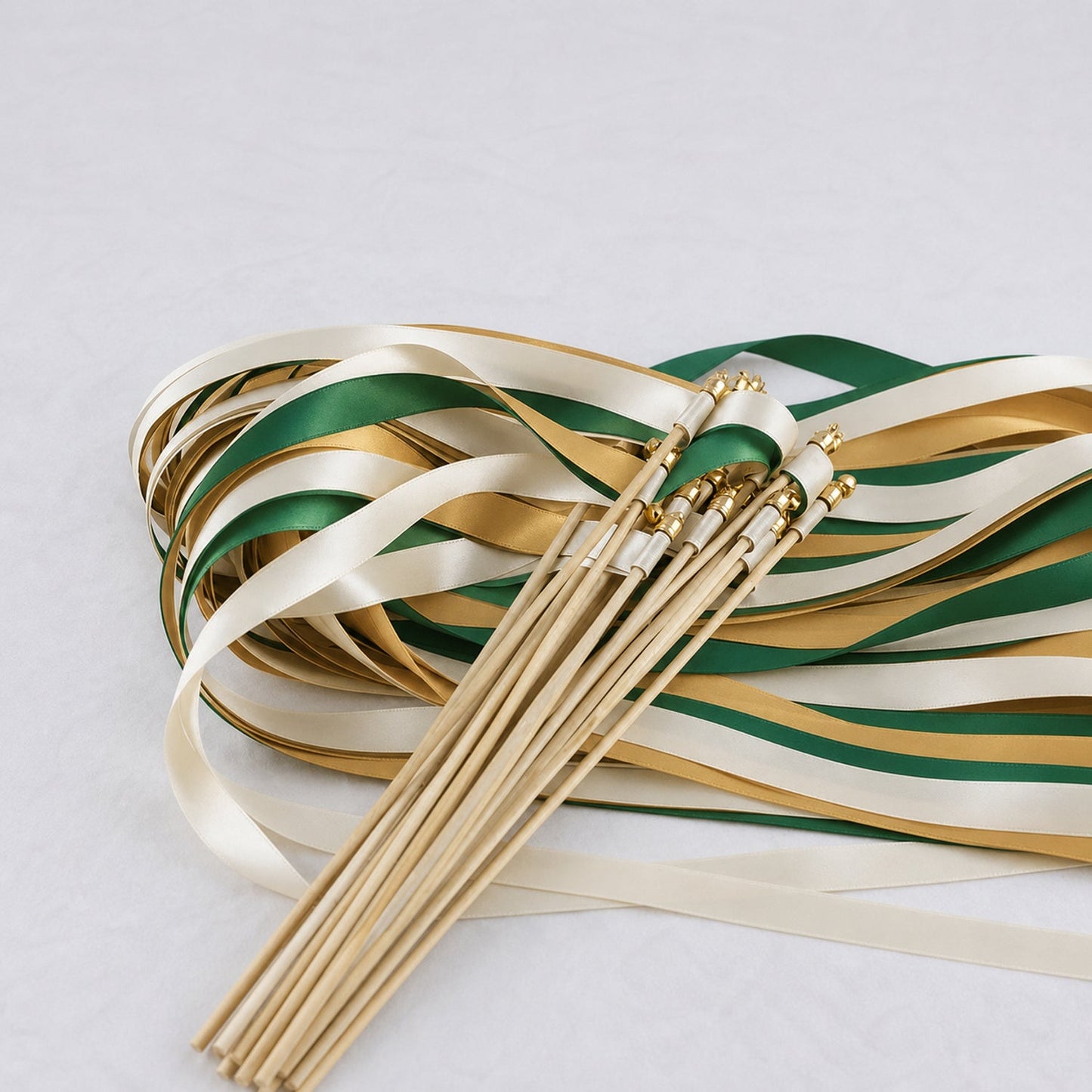 Handmade Emerald Gold Wedding Ribbon Wands - Ivory, Emerald and Old Gold Triple Ribbon with Bell