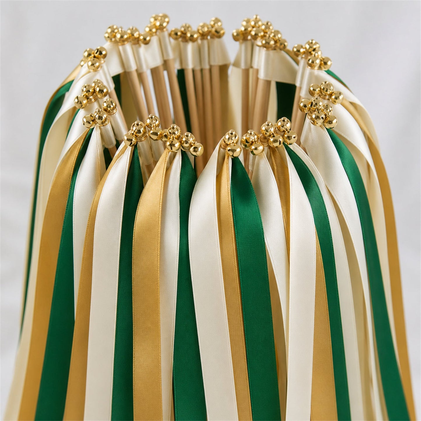 Handmade Emerald Gold Wedding Ribbon Wands - Ivory, Emerald and Old Gold Triple Ribbon with Bell