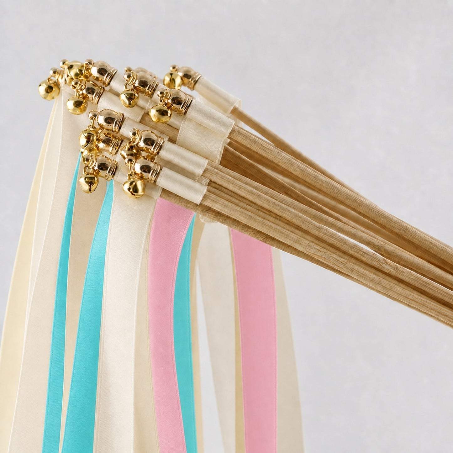 Handmade Turquoise Pink Wedding Ribbon Wands - Ivory, Turquoise Blue and Light Pink with Bell