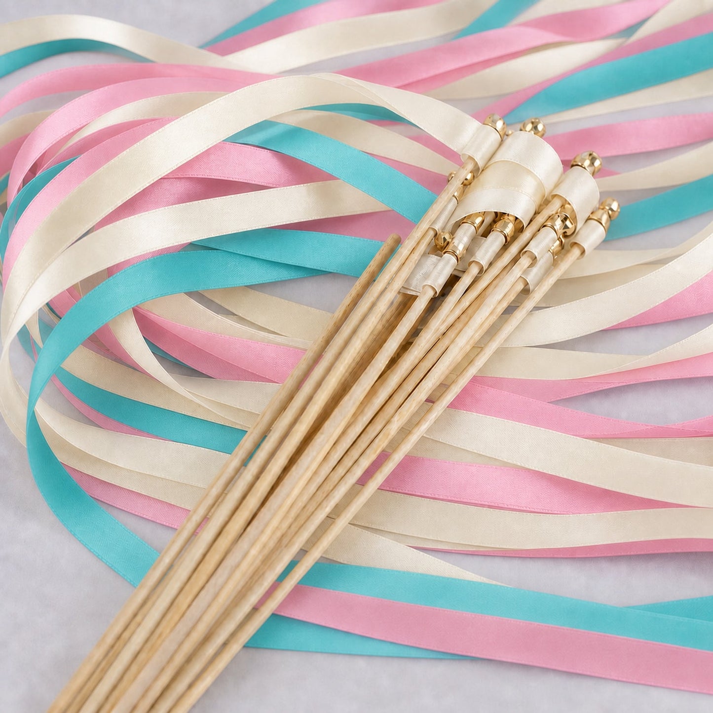 Handmade Turquoise Pink Wedding Ribbon Wands - Ivory, Turquoise Blue and Light Pink with Bell