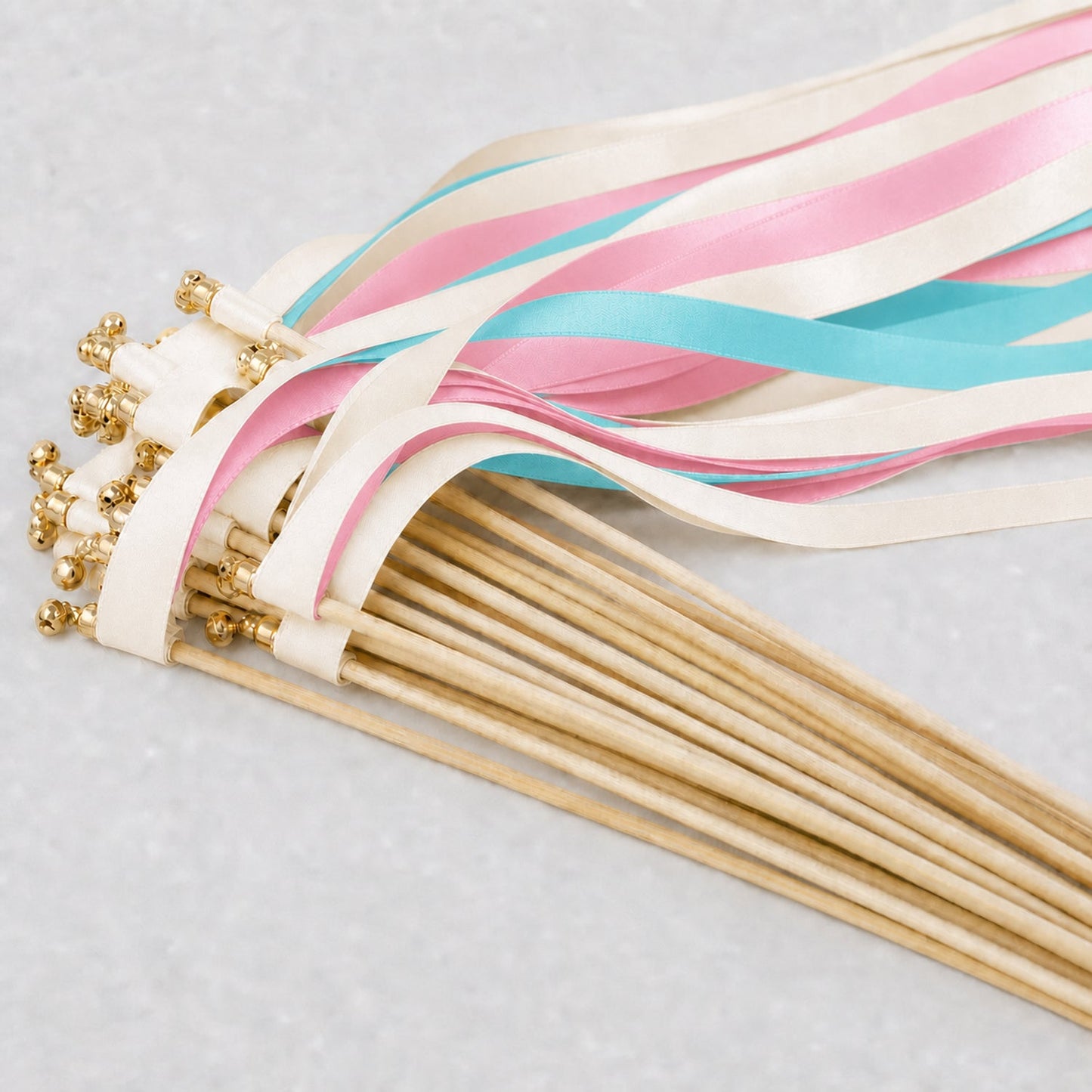Handmade Turquoise Pink Wedding Ribbon Wands - Ivory, Turquoise Blue and Light Pink with Bell