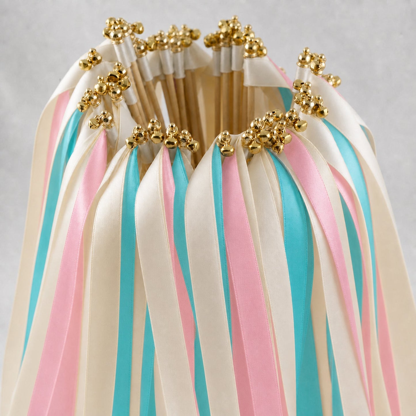 Handmade Turquoise Pink Wedding Ribbon Wands - Ivory, Turquoise Blue and Light Pink with Bell