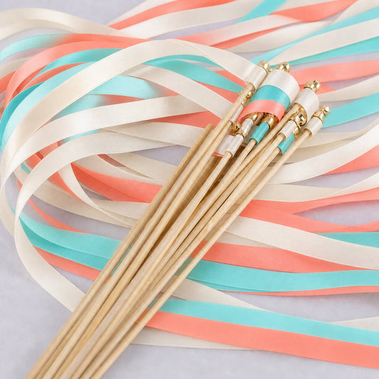 Handmade Tropical Beach Wedding Ribbon Wands - Off White, Aqua and Coral with Bell