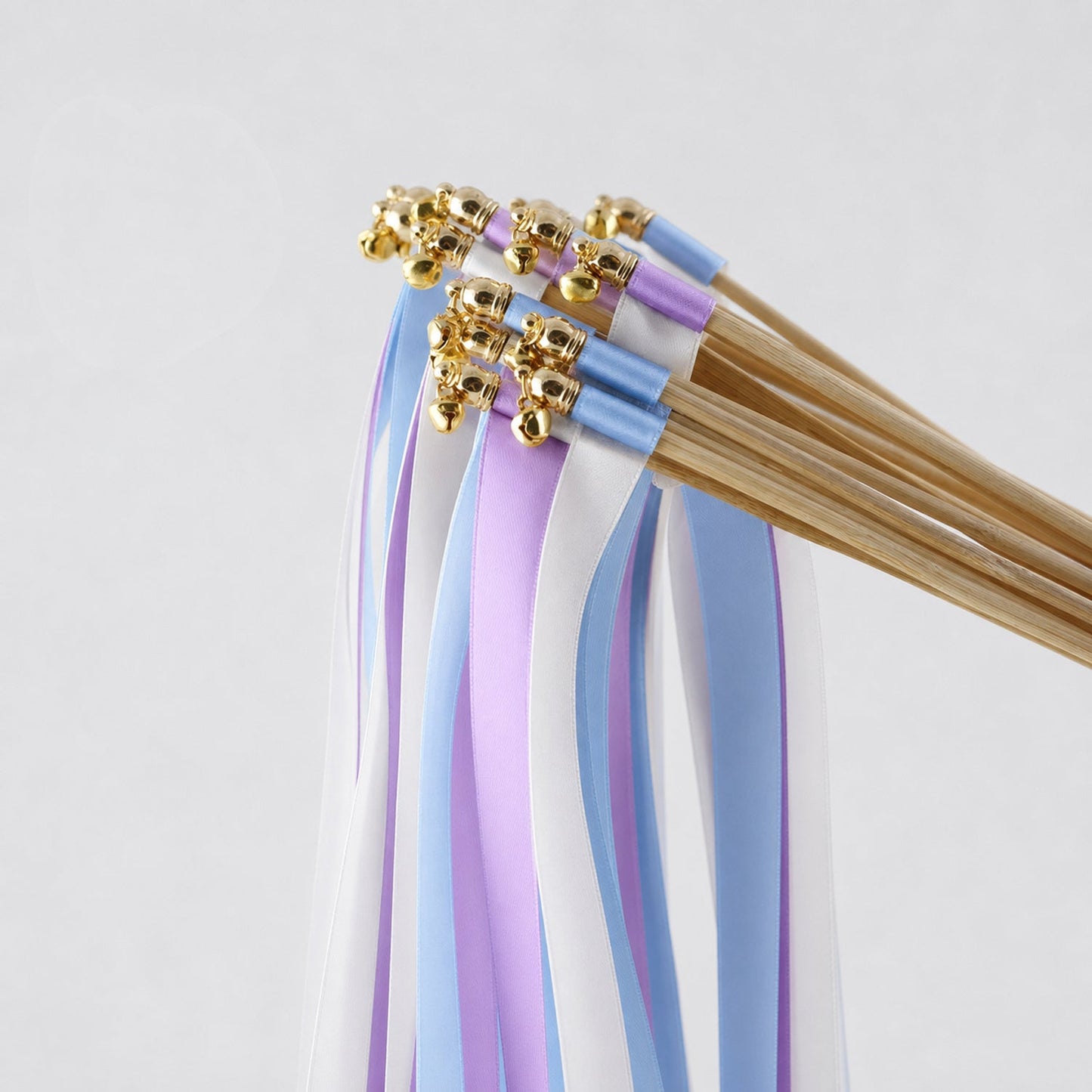 Handmade Orchid Sky Wedding Ribbon Wands with Bell - White, Orchid and Light Blue
