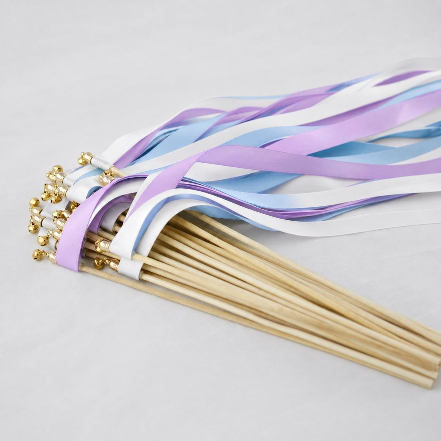 Handmade Orchid Sky Wedding Ribbon Wands with Bell - White, Orchid and Light Blue