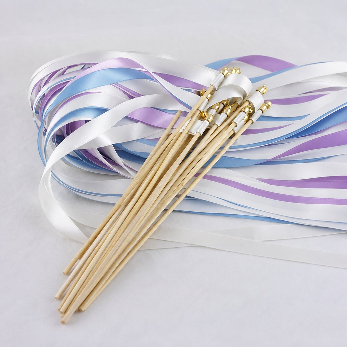 Handmade Orchid Sky Wedding Ribbon Wands with Bell - White, Orchid and Light Blue