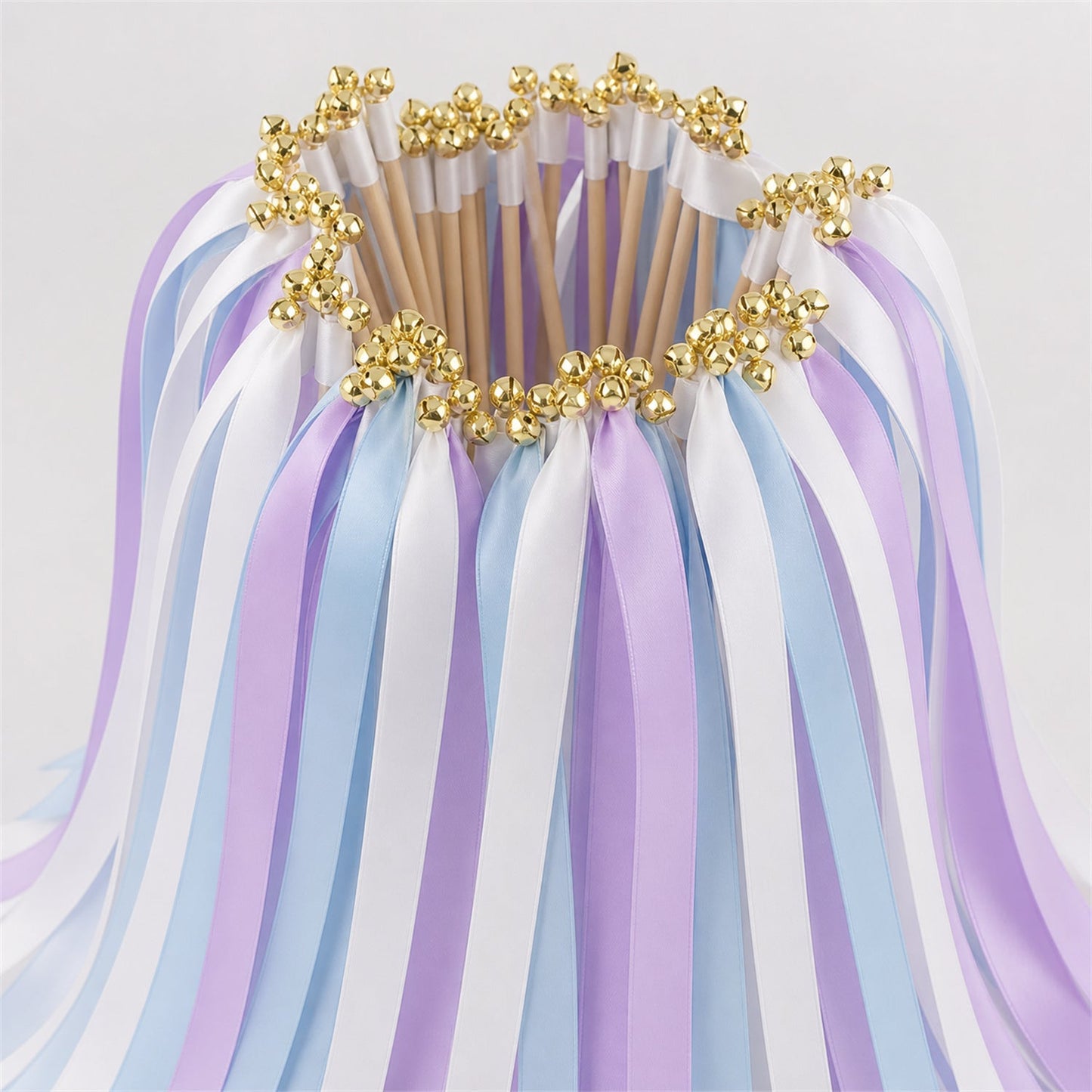 Handmade Orchid Sky Wedding Ribbon Wands with Bell - White, Orchid and Light Blue