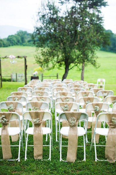 10pcs Affordable Natural Jute Burlap Chair Bow Sashes with Baby's Breath for Outdoor Weddings - Hibrides