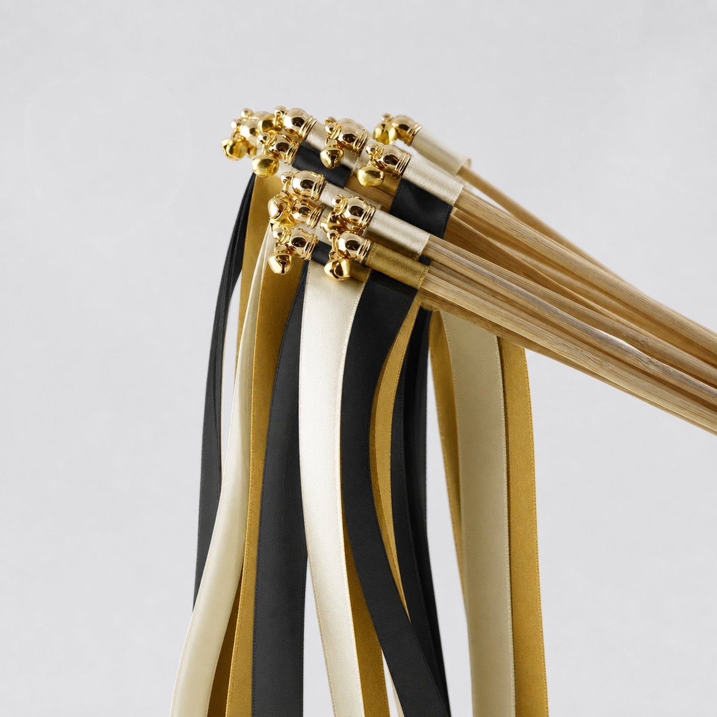 Handmade Ivory, Black and Old Gold Wedding Exit Ribbon Wands with Bell - Black Tie Gold