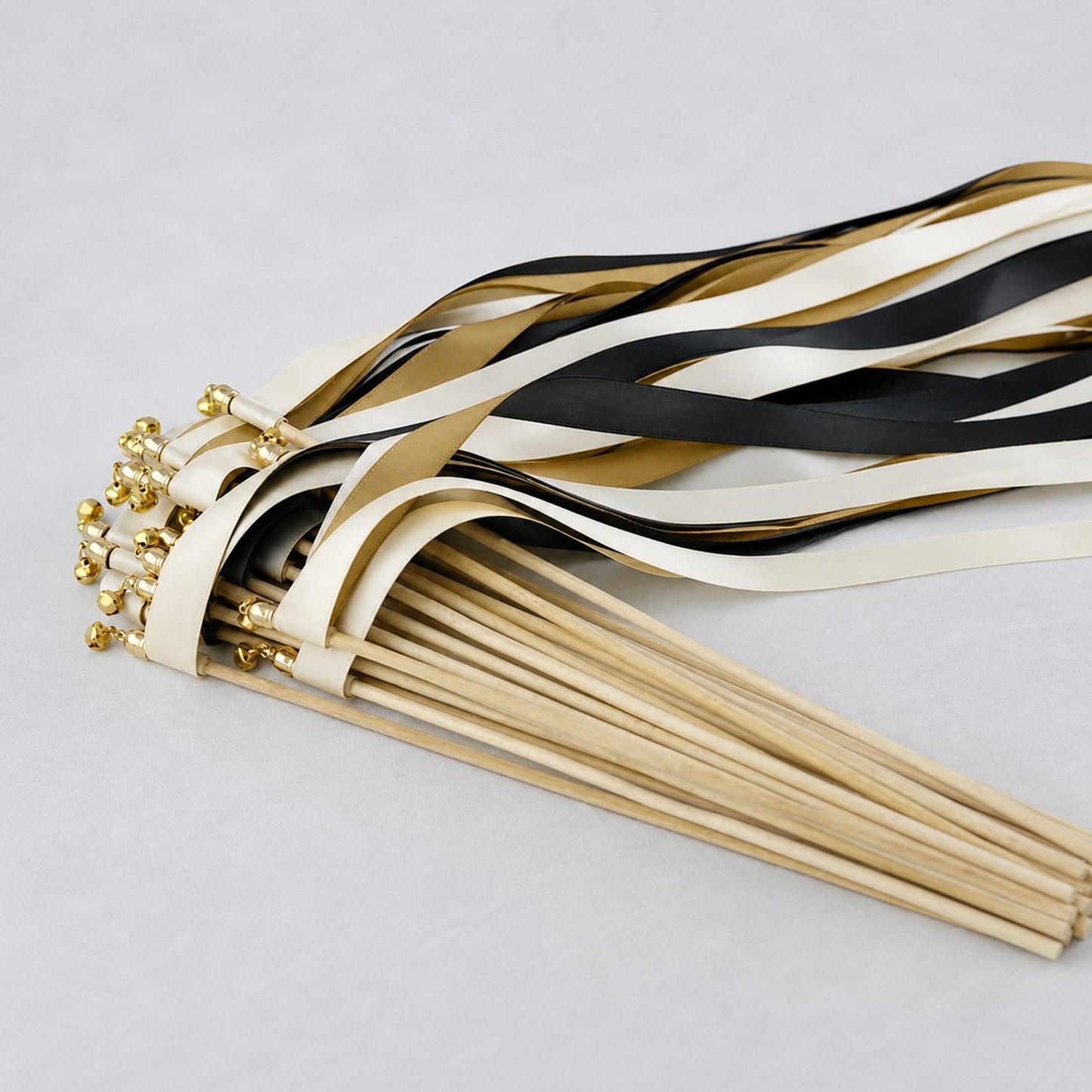 Handmade Ivory, Black and Old Gold Wedding Exit Ribbon Wands with Bell - Black Tie Gold