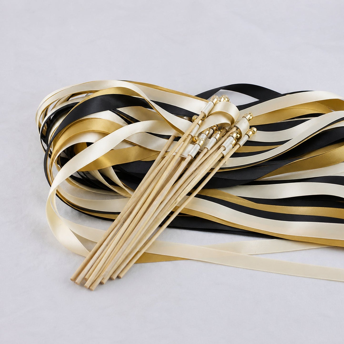 Handmade Ivory, Black and Old Gold Wedding Exit Ribbon Wands with Bell - Black Tie Gold
