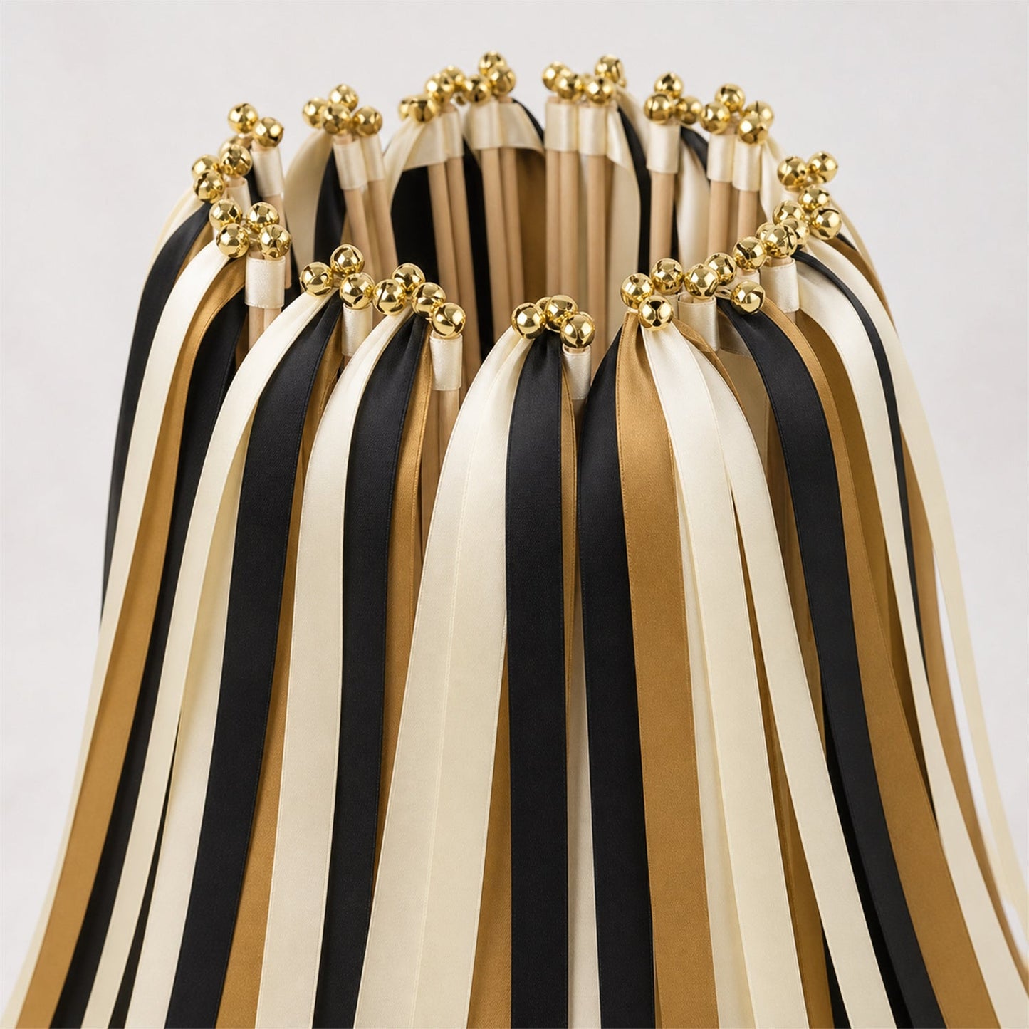 Handmade Ivory, Black and Old Gold Wedding Exit Ribbon Wands with Bell - Black Tie Gold