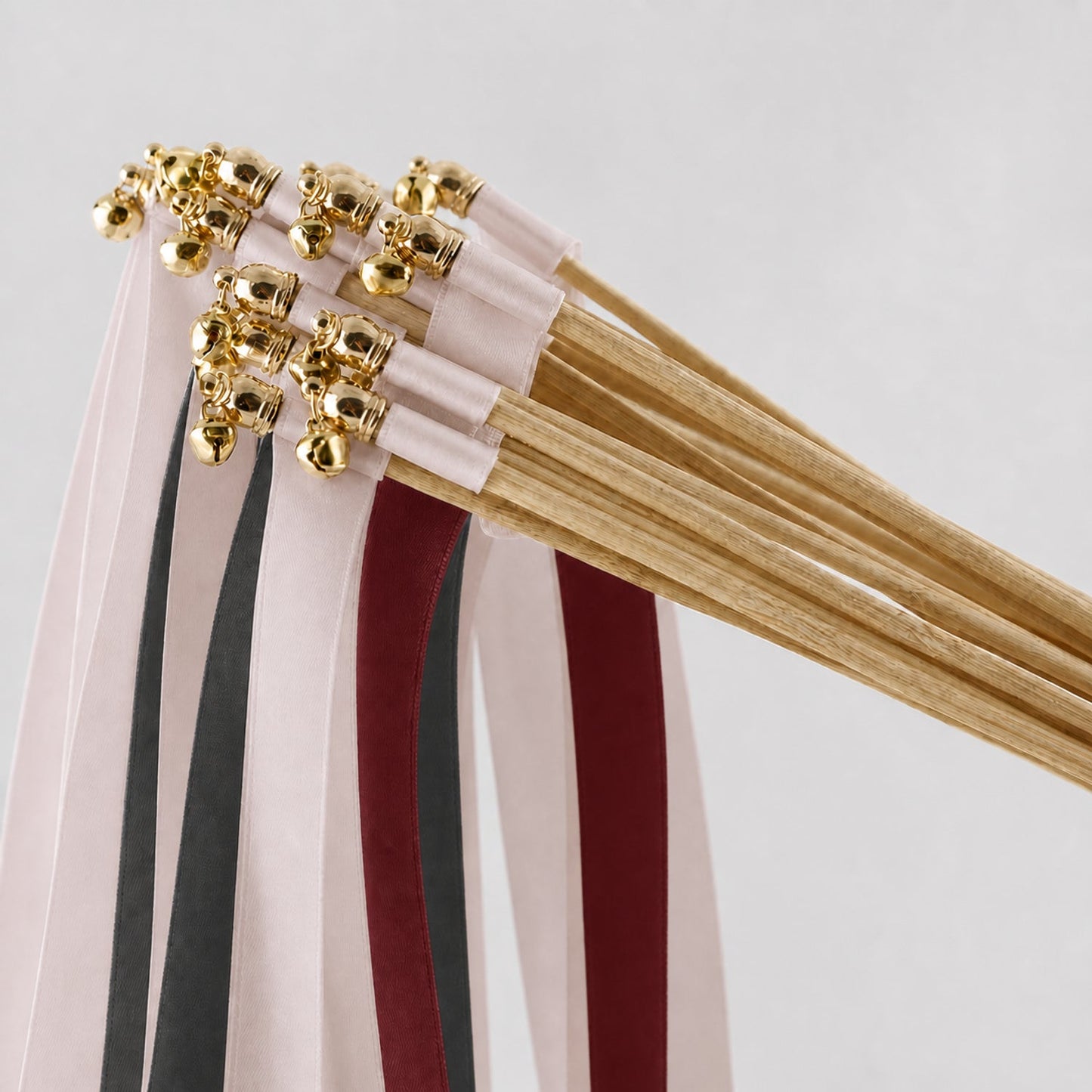 Handmade Modern Burgundy Wedding Ribbon Wands with Bell - Vanilla, Charcoal and Burgundy