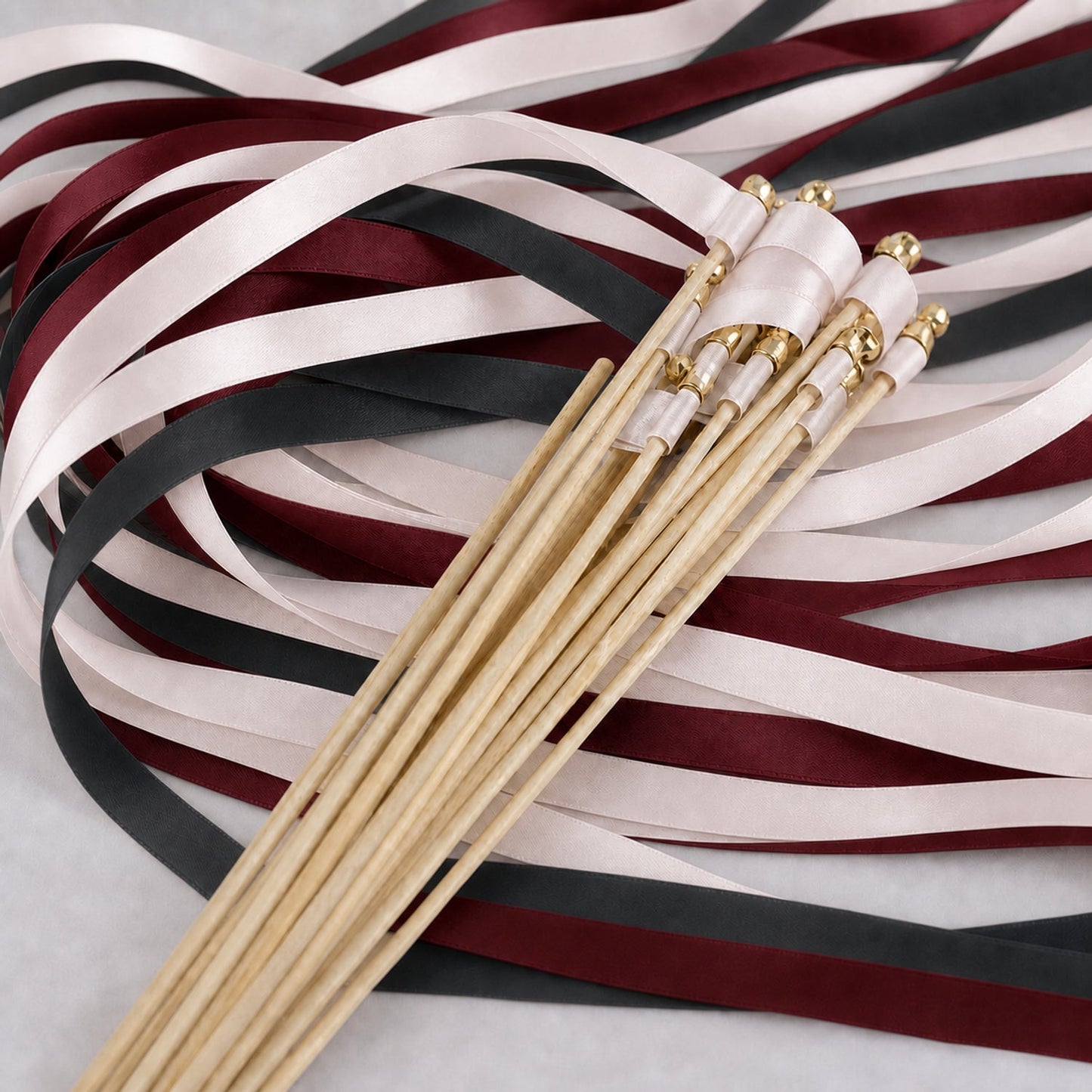 Handmade Modern Burgundy Wedding Ribbon Wands with Bell - Vanilla, Charcoal and Burgundy