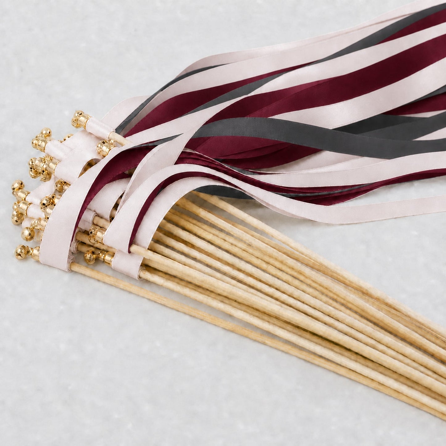 Handmade Modern Burgundy Wedding Ribbon Wands with Bell - Vanilla, Charcoal and Burgundy