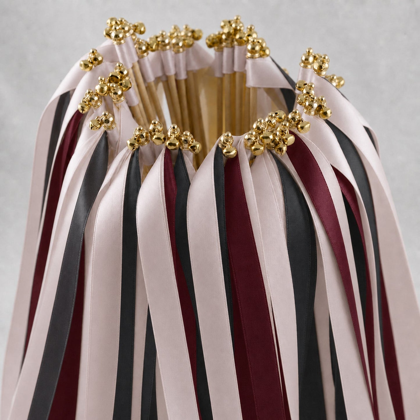 Handmade Modern Burgundy Wedding Ribbon Wands with Bell - Vanilla, Charcoal and Burgundy