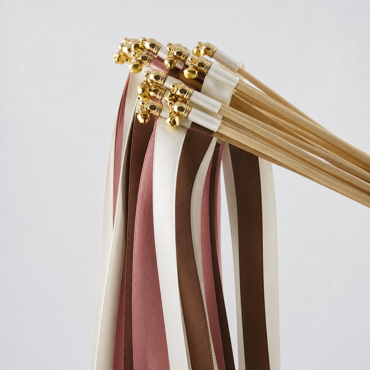Handmade Off White, Rosewood and Cocoa Wedding Ribbon Wands with Bell