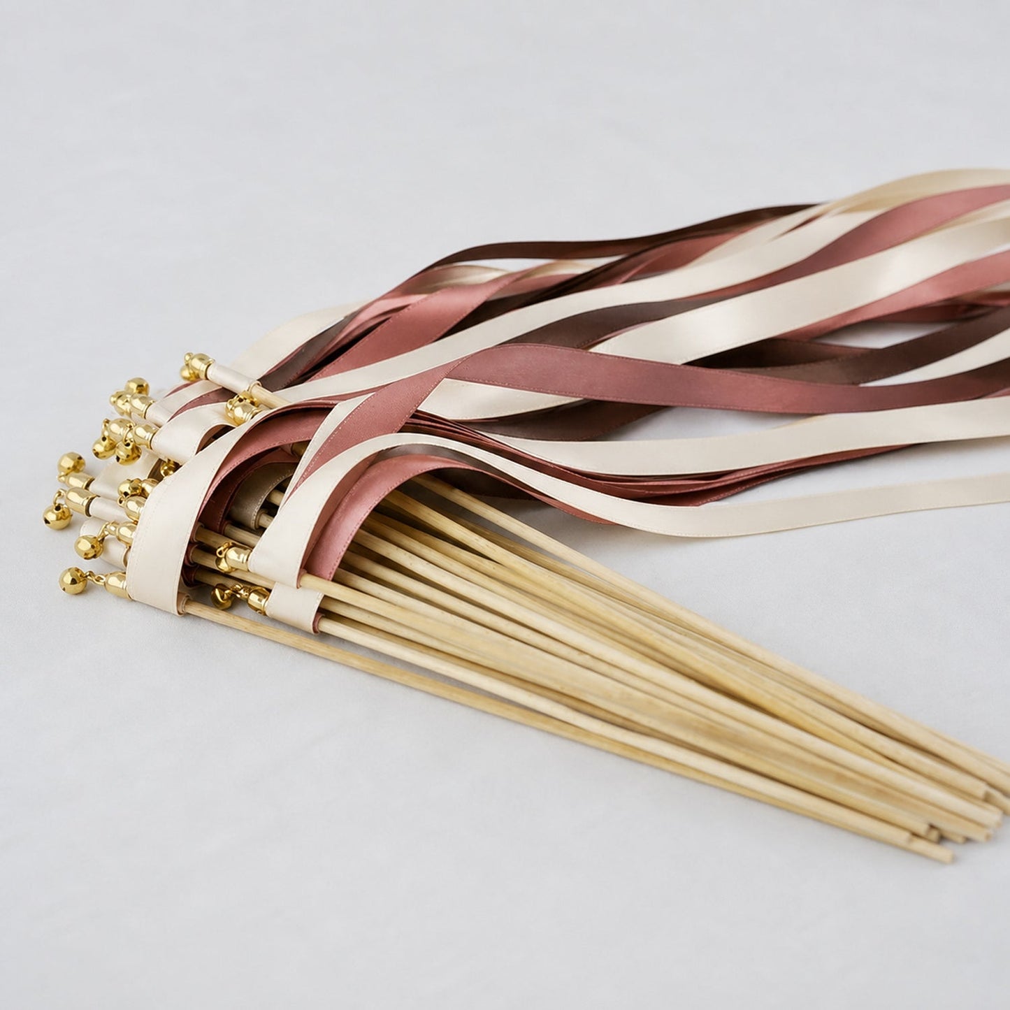 Handmade Off White, Rosewood and Cocoa Wedding Ribbon Wands with Bell