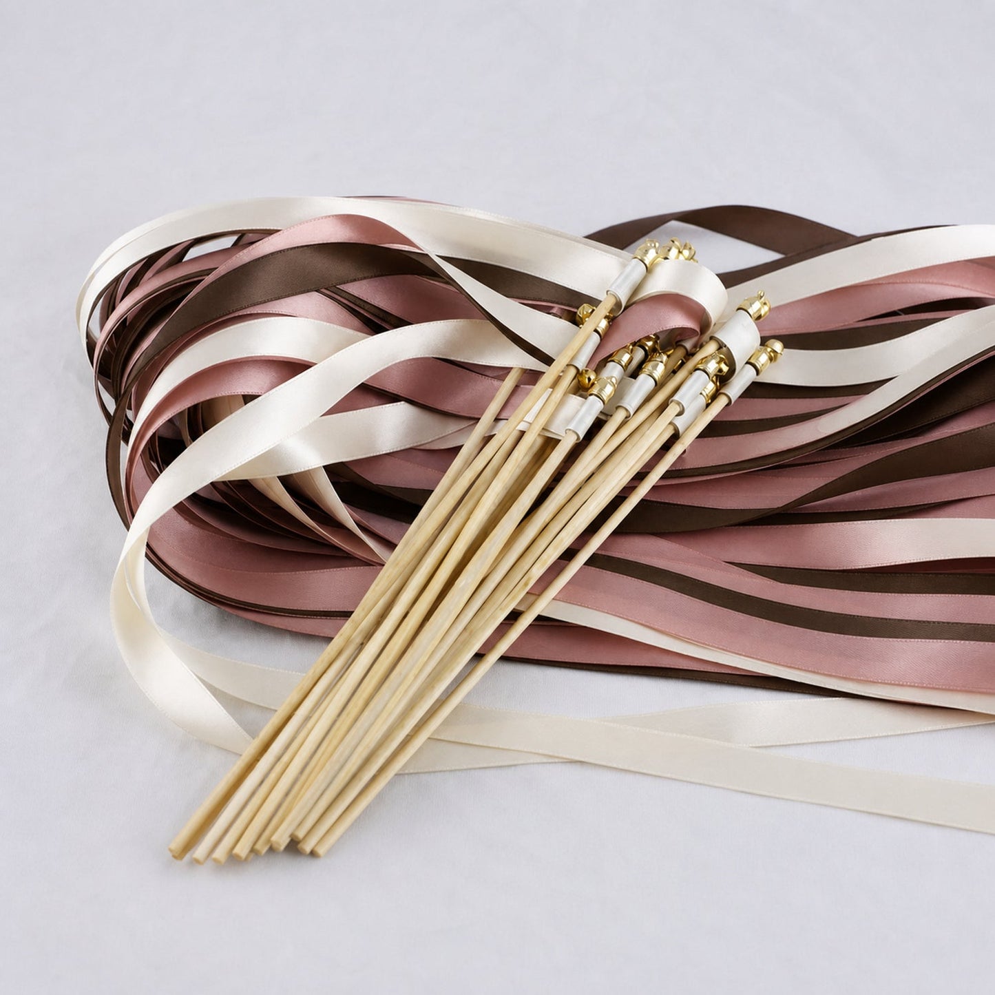 Handmade Off White, Rosewood and Cocoa Wedding Ribbon Wands with Bell