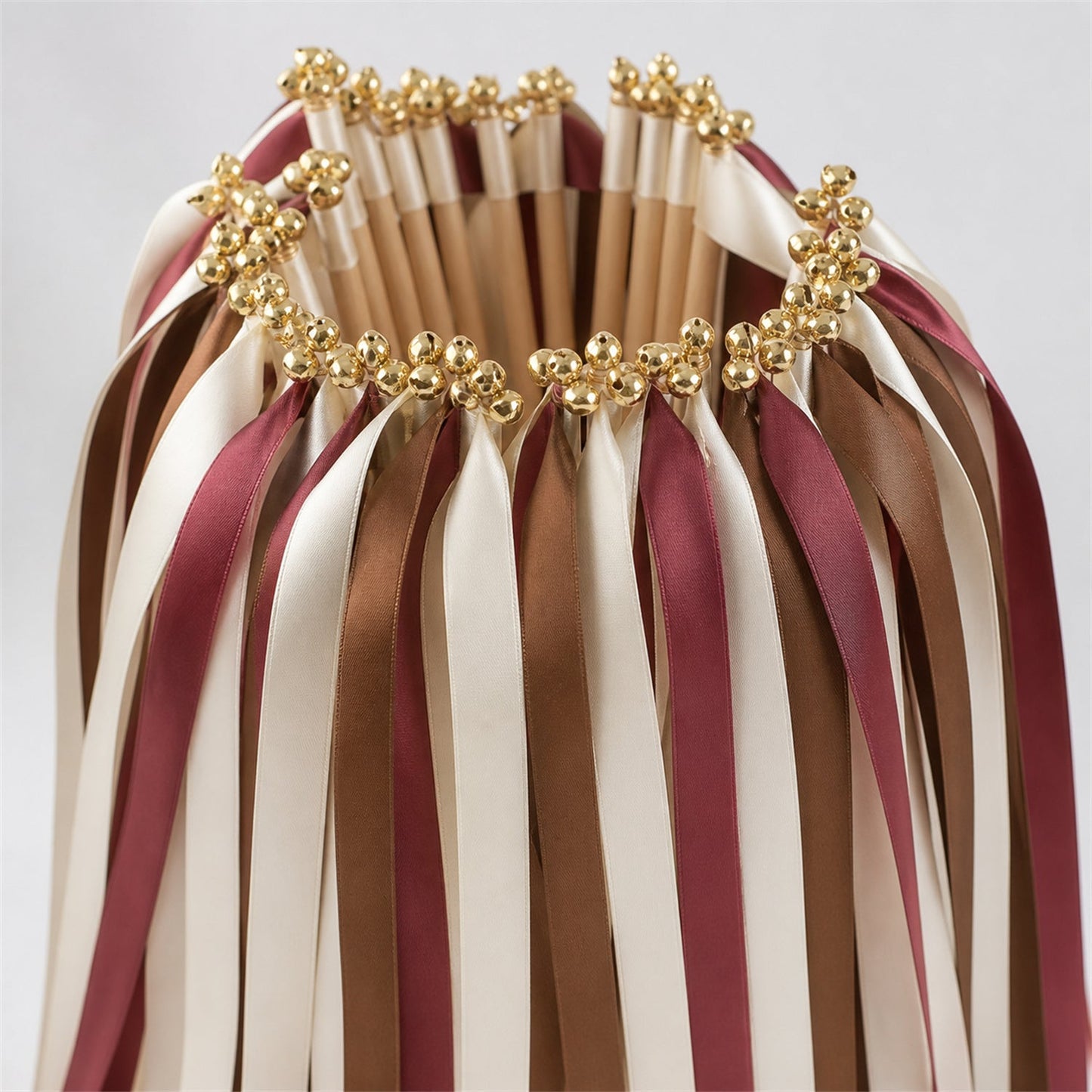 Handmade Off White, Rosewood and Cocoa Wedding Ribbon Wands with Bell