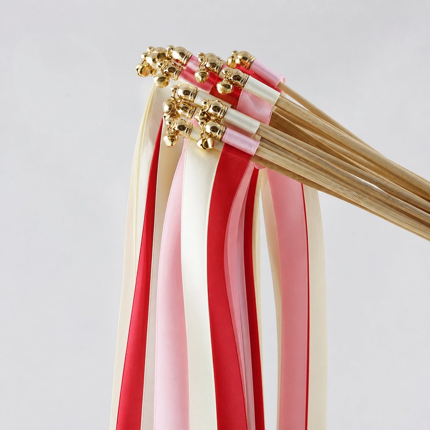 Handmade Classic Red Blush Wedding Ribbon Wands - Ivory, Red and Light Pink Triple Ribbon with Bell
