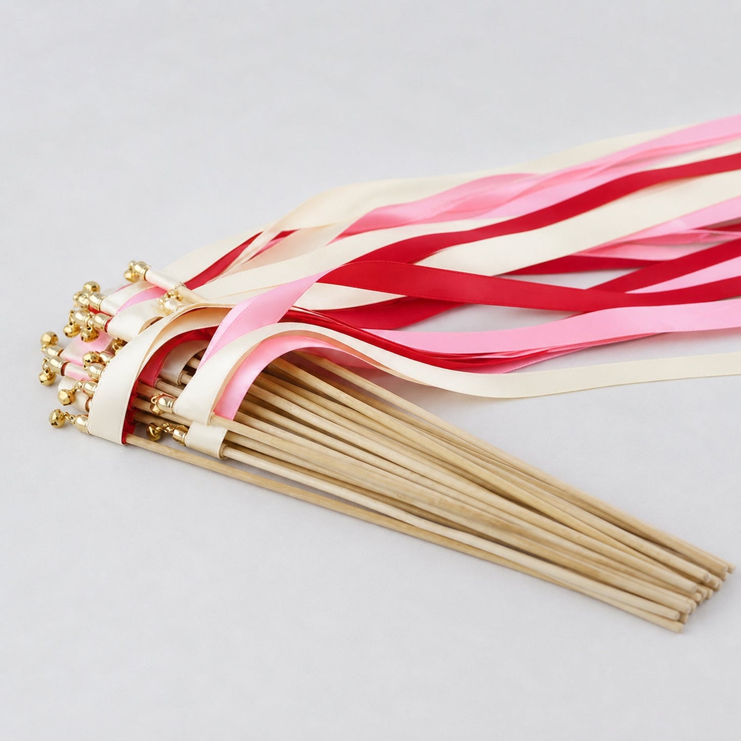 Handmade Classic Red Blush Wedding Ribbon Wands - Ivory, Red and Light Pink Triple Ribbon with Bell