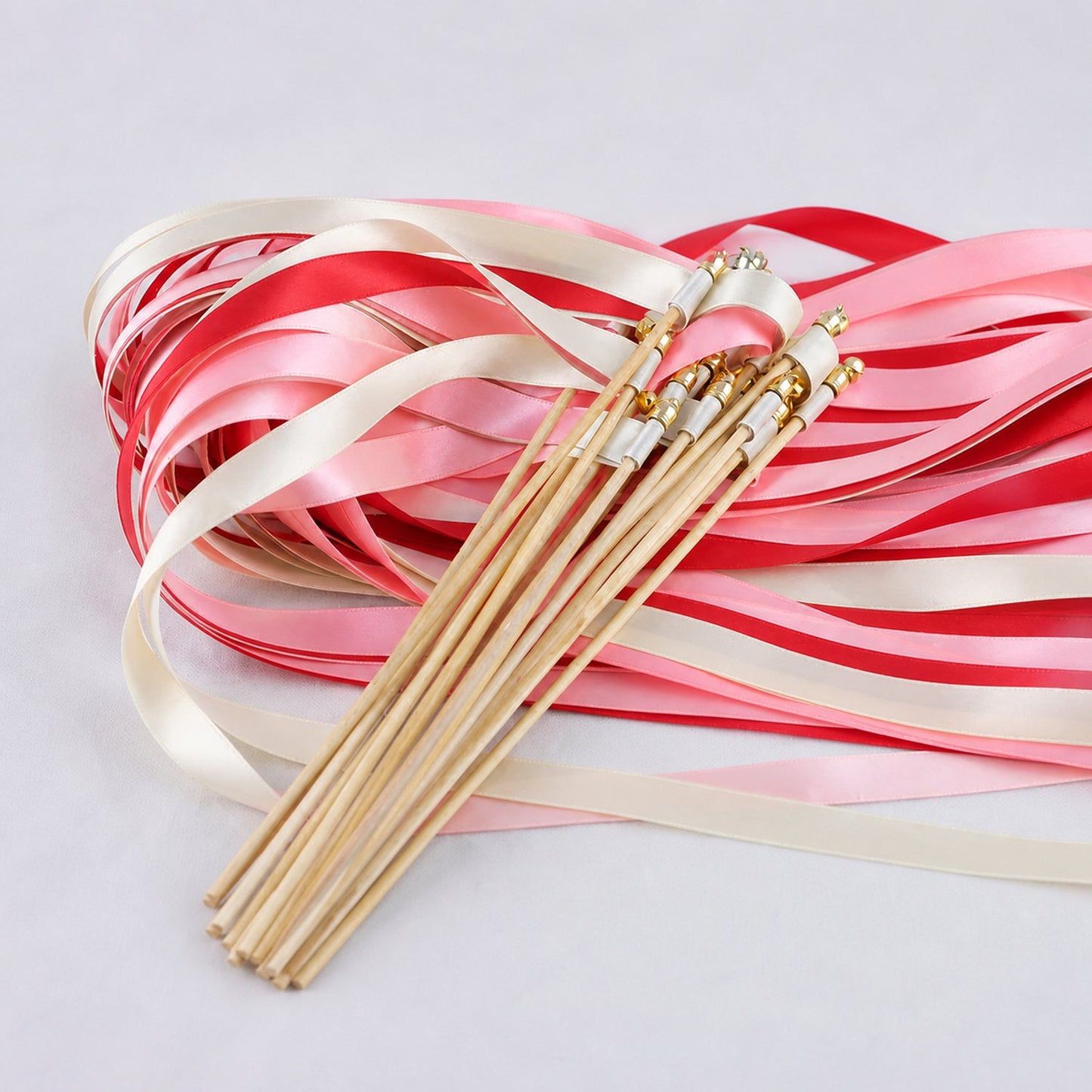 Handmade Classic Red Blush Wedding Ribbon Wands - Ivory, Red and Light Pink Triple Ribbon with Bell