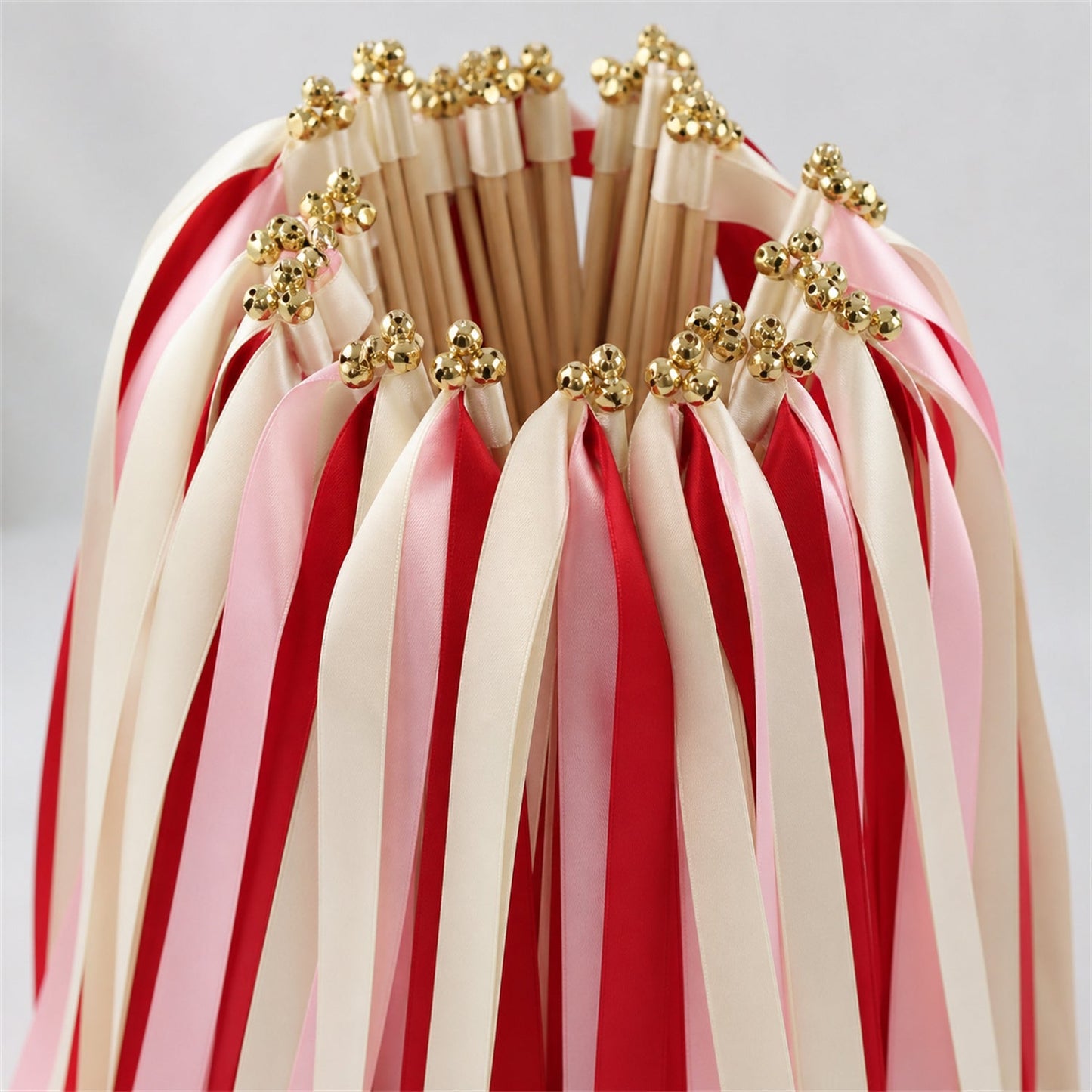 Handmade Classic Red Blush Wedding Ribbon Wands - Ivory, Red and Light Pink Triple Ribbon with Bell