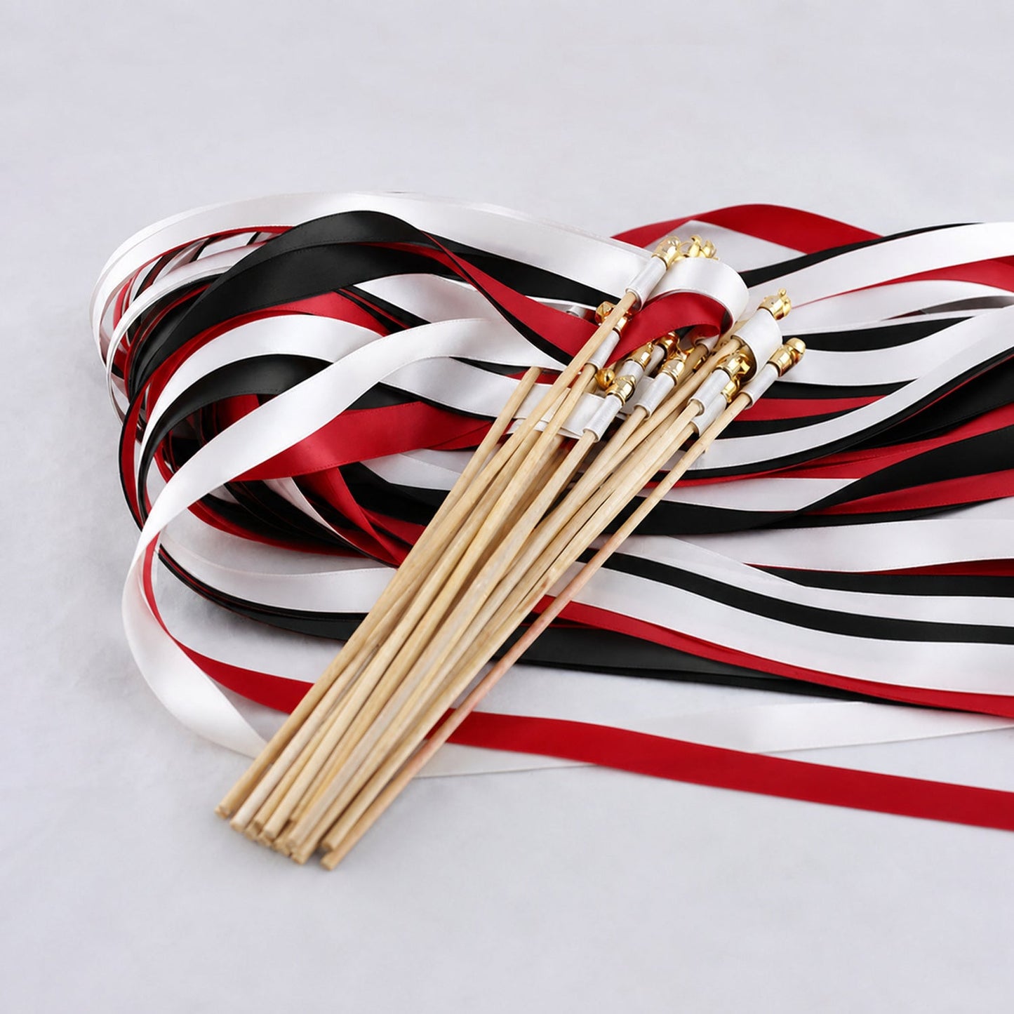 Handmade White, Scarlet and Black Wedding Exit Ribbon Wands with Bell - Scarlet Noir