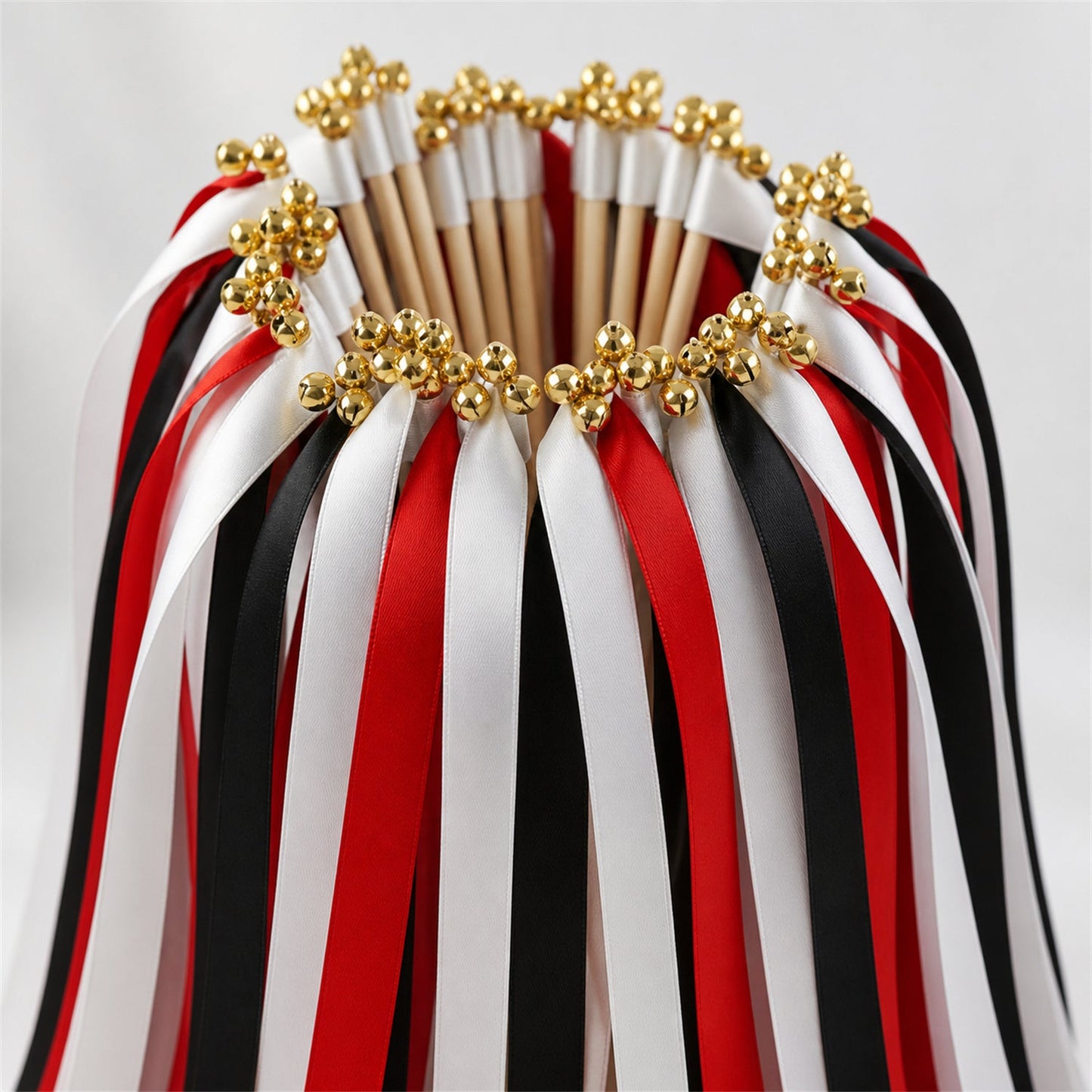 Handmade White, Scarlet and Black Wedding Exit Ribbon Wands with Bell - Scarlet Noir