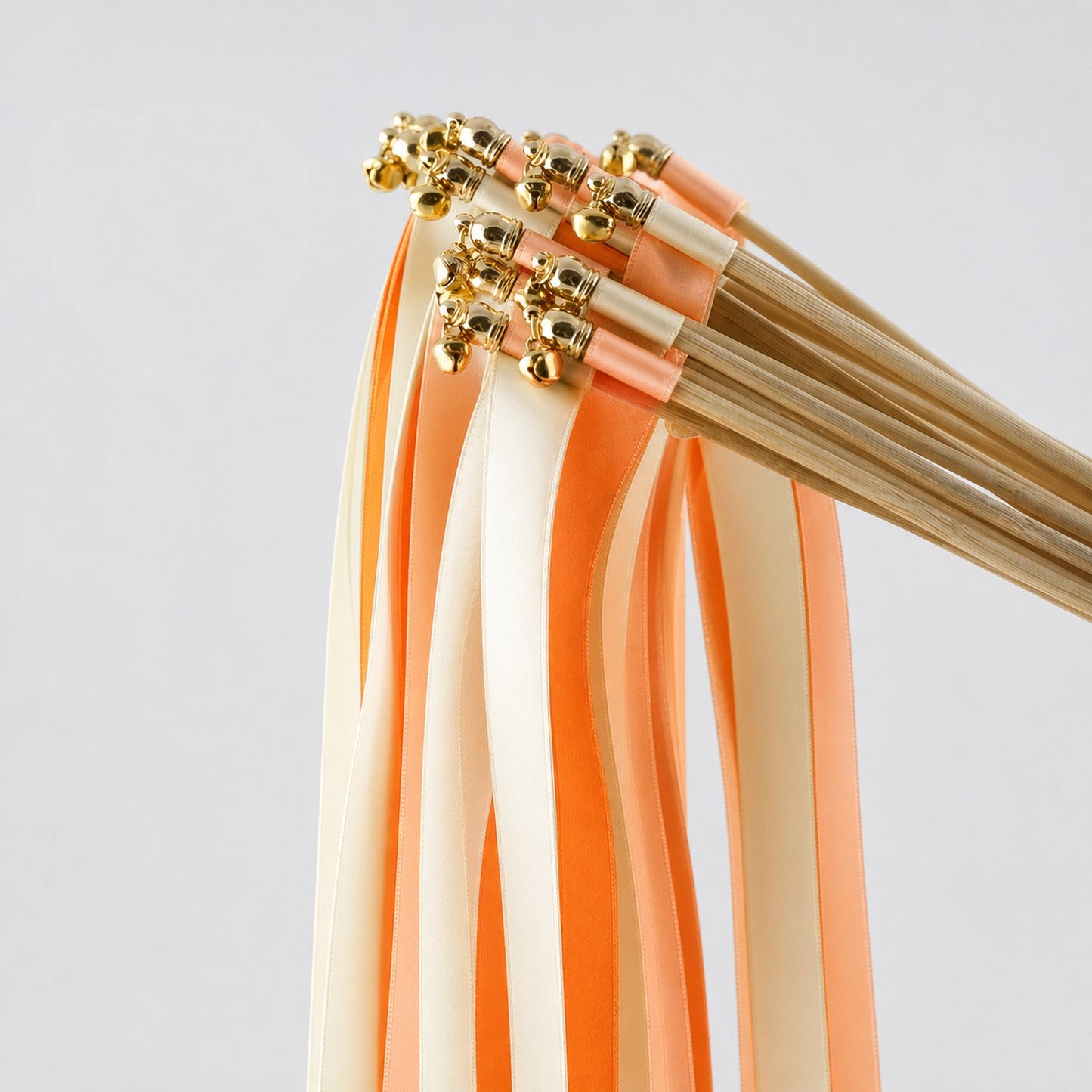 Handmade Citrus Peach Wedding Ribbon Wands with Bell - Cream, Orange and Peach