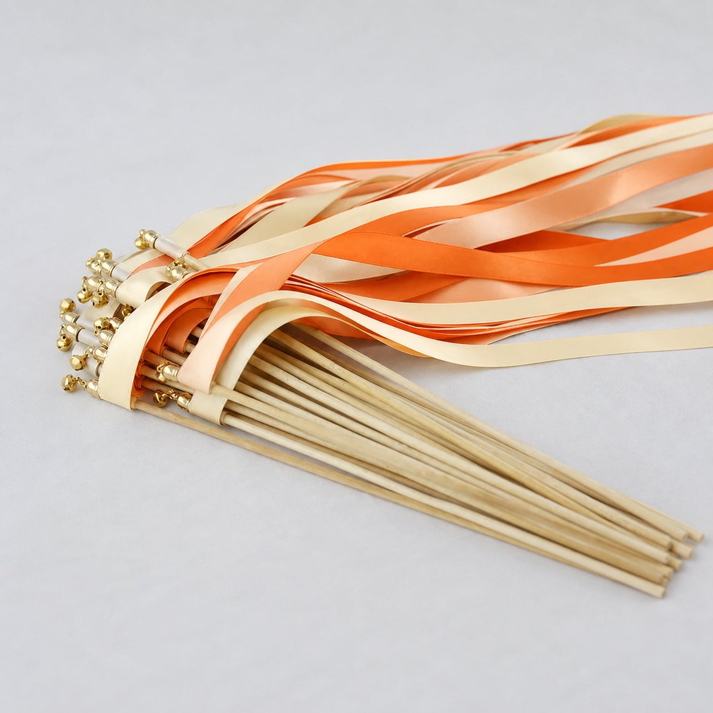 Handmade Citrus Peach Wedding Ribbon Wands with Bell - Cream, Orange and Peach